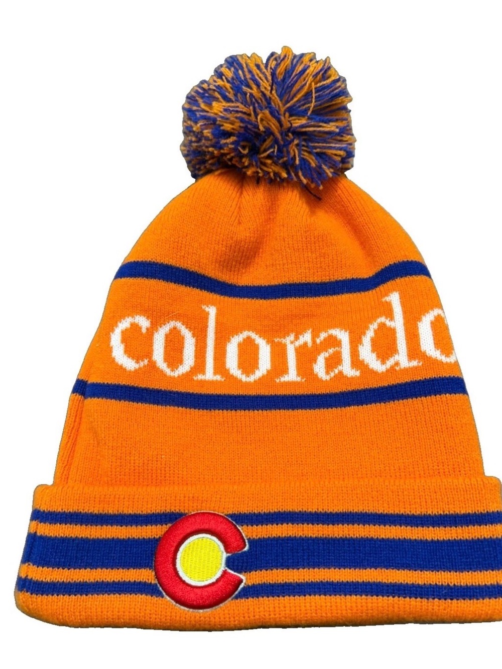 COLORADO KNIT BEANIE HAT with Pom Pom - Blue/Orange Embroidered C Logo Cold Gear
